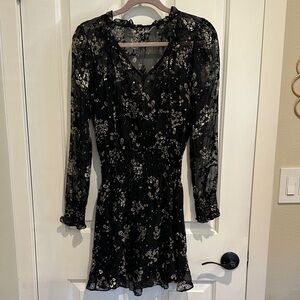 Parker Black and Silver Floral Long Sleeve Dress